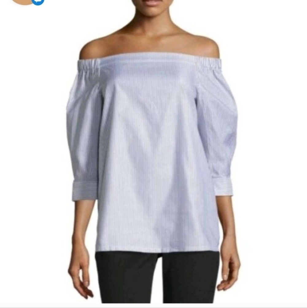 Theory Juscla Masin Off-Shoulder Gray & White Striped Cotton Blouse Size Small